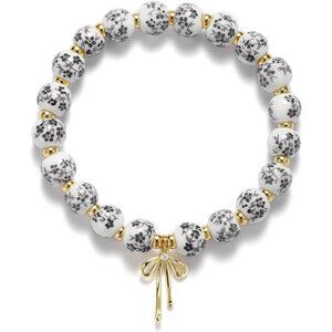 Beaded Bow Charm Black Bracelet Women Vintage Flower Handmade Romantic Jewelry